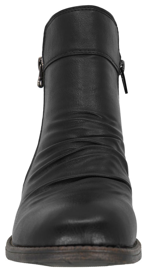 A black faux leather ankle boot featuring a scrunched design on the front and zippers on both sides of the shaft.