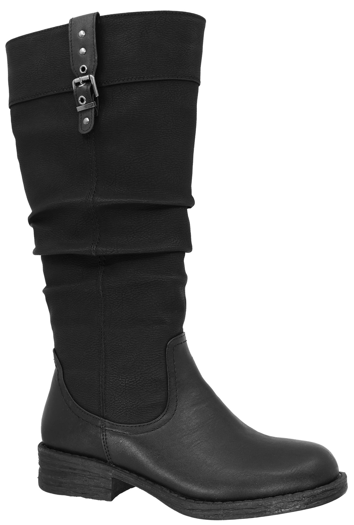 A black, knee-high, synthetic leather boot with a slightly slouchy shaft, a low block heel, and a decorative buckle strap at the top.