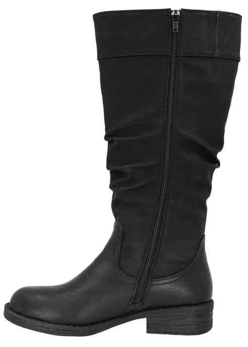 A black, knee-high boot with a rounded toe, a low stacked heel, a full-length side zipper, and a subtly ruched shaft.