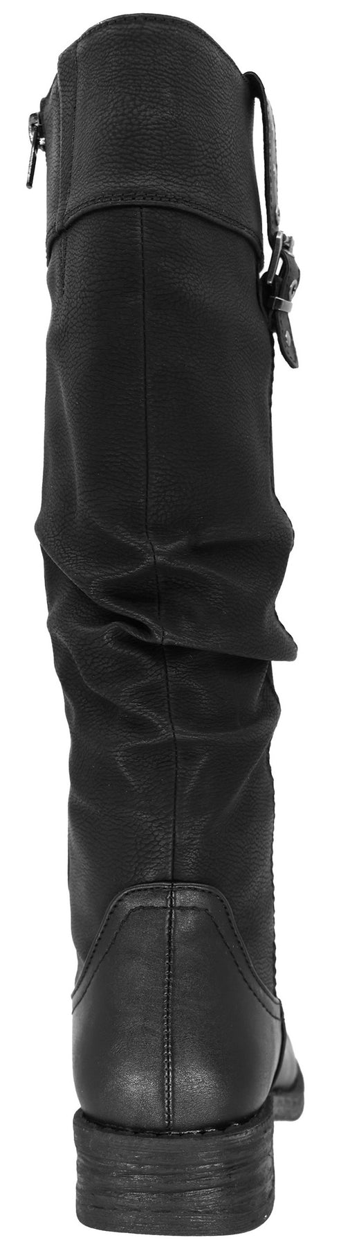 A back view of a black knee-high boot with a slightly ruched shaft, a full-length side zipper, a decorative buckle strap detail at the top, and a low stacked heel.