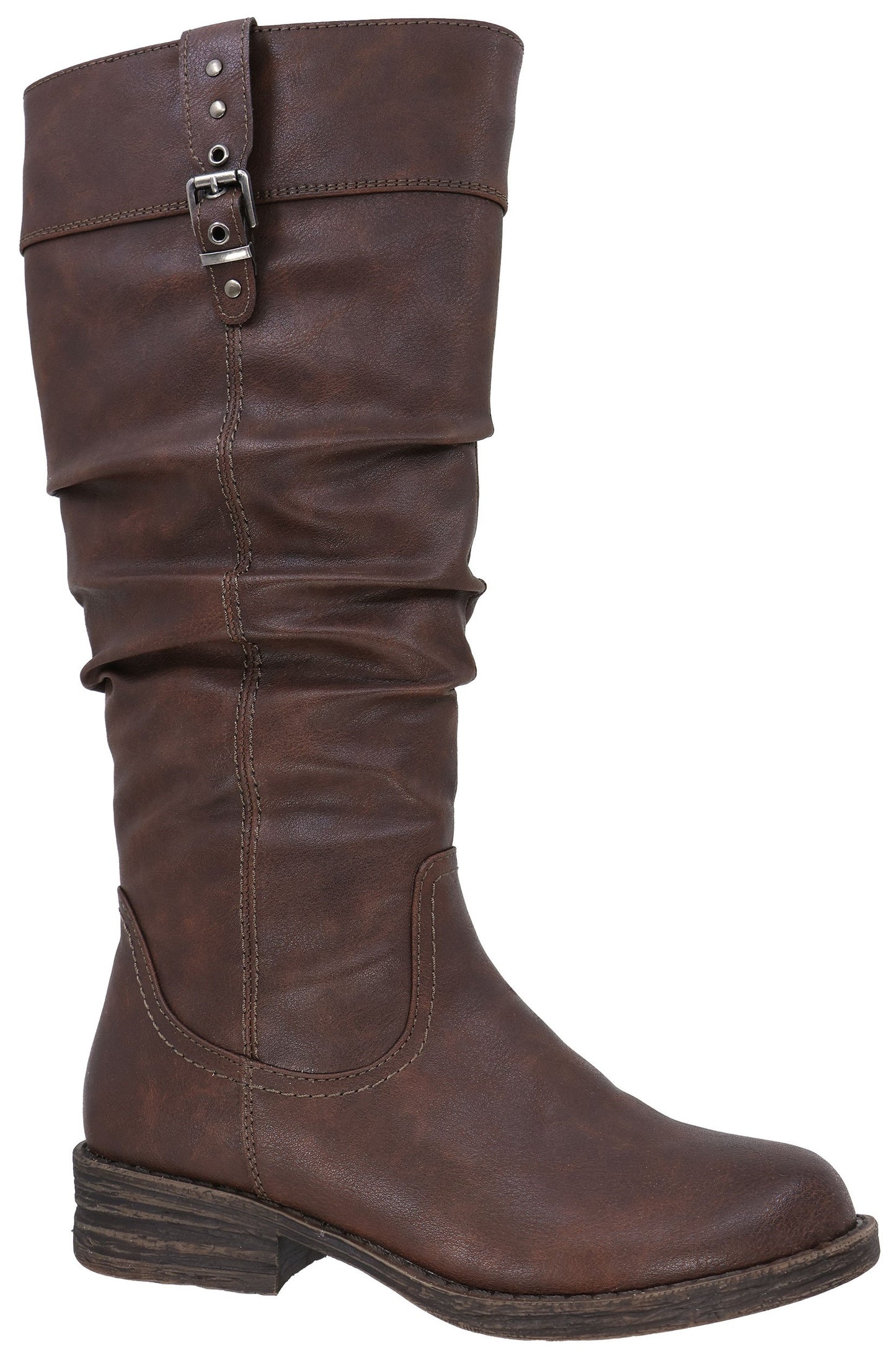 A brown, knee-high boot with a slouchy, gathered-shaft design, a small side buckle detail at the top, and a flat, low-profile stacked heel.