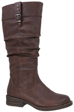 A brown, knee-high boot with a slouchy, gathered-shaft design, a small side buckle detail at the top, and a flat, low-profile stacked heel.