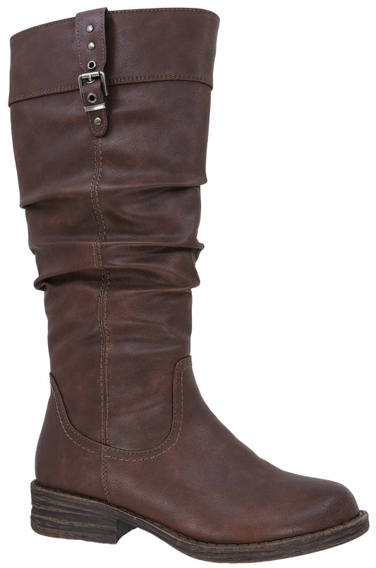 A brown, knee-high boot with a slouchy, gathered-shaft design, a small side buckle detail at the top, and a flat, low-profile stacked heel.
