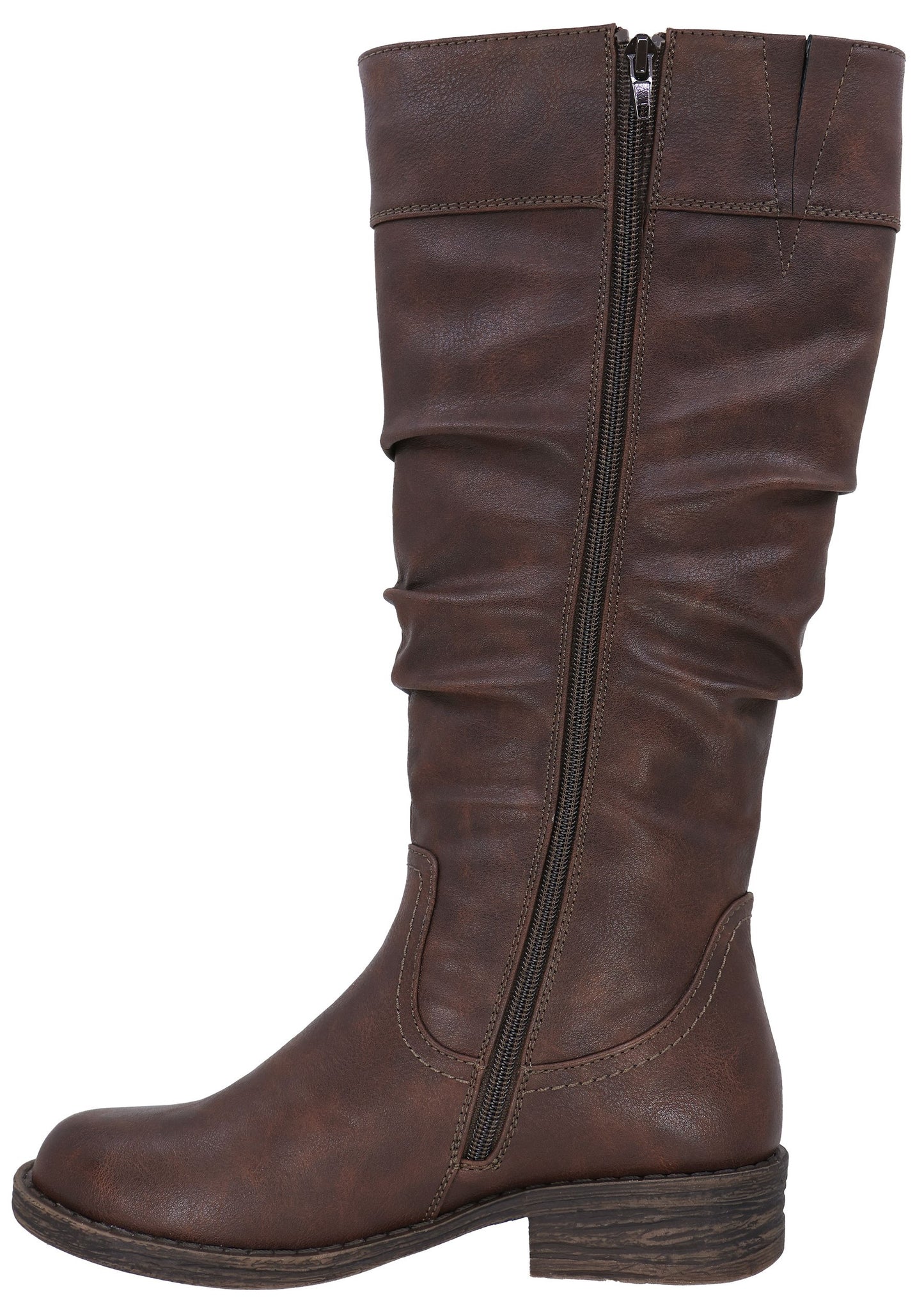 A brown, knee-high boot made of a matte, leather-like material, featuring a side zipper closure, a slightly slouchy shaft design, and a low, stacked block heel.