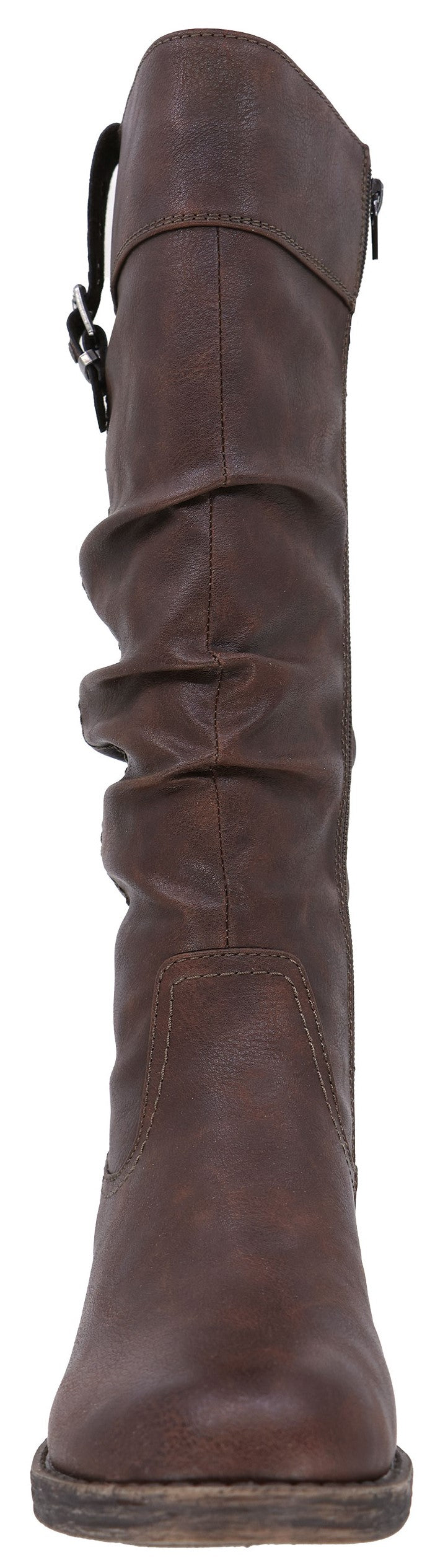 A brown knee-high boot with a slouchy, ruched shaft, a thin strap and silver-tone buckle detail at the top, and a side zipper.