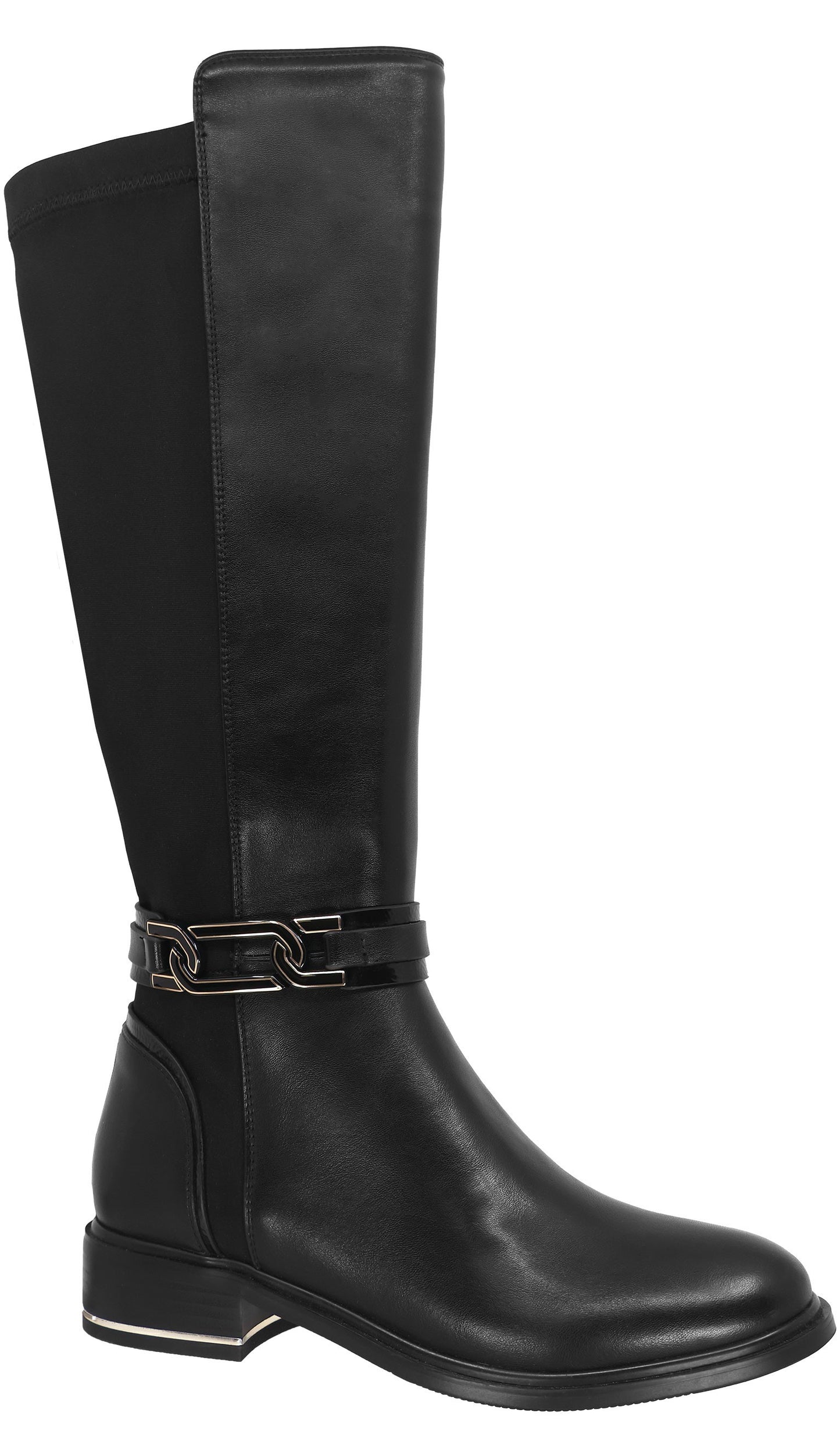Knee-high black leather boot with chain-link accent.
