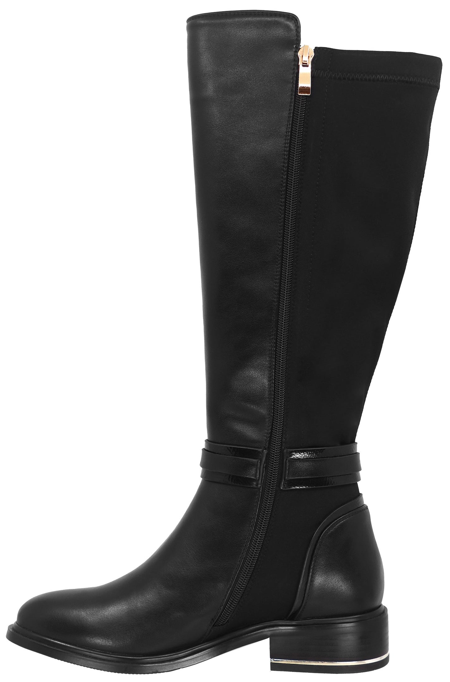 Knee-high black boot with a low block heel and a partial-length side zipper.
