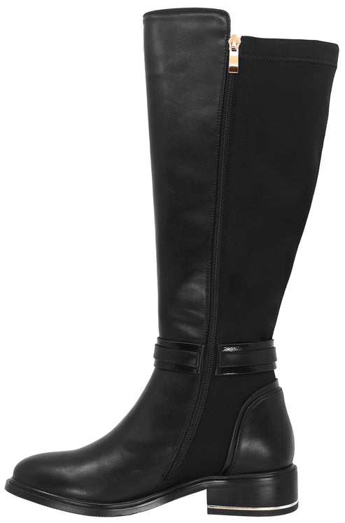 Knee-high black boot with a low block heel and a partial-length side zipper.