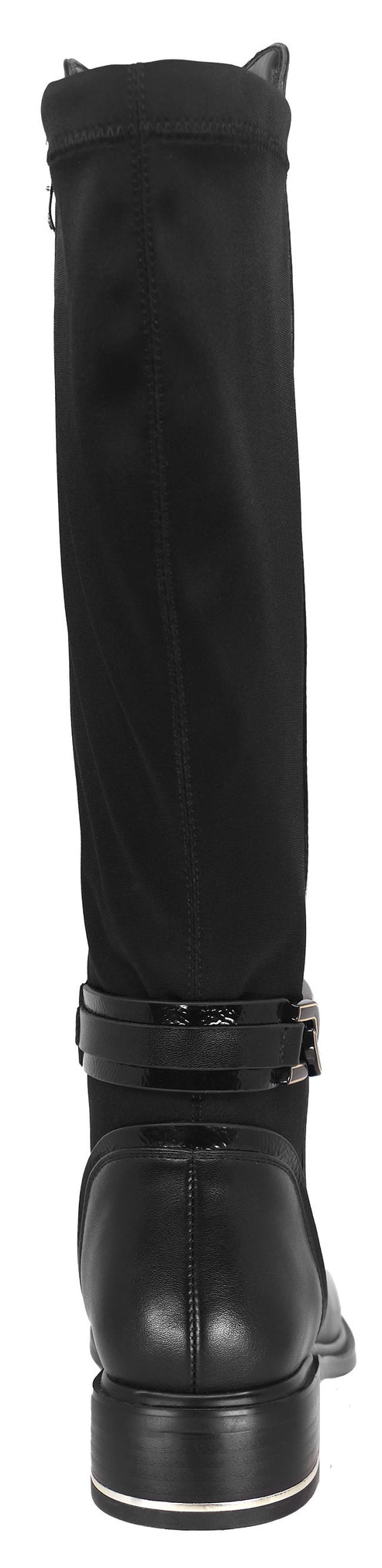A black knee-high boot with a low, thick heel.