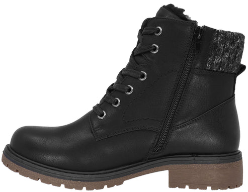 A black leather-look lace-up ankle boot with a side zipper, a knit collar, and a thick brown lug sole.