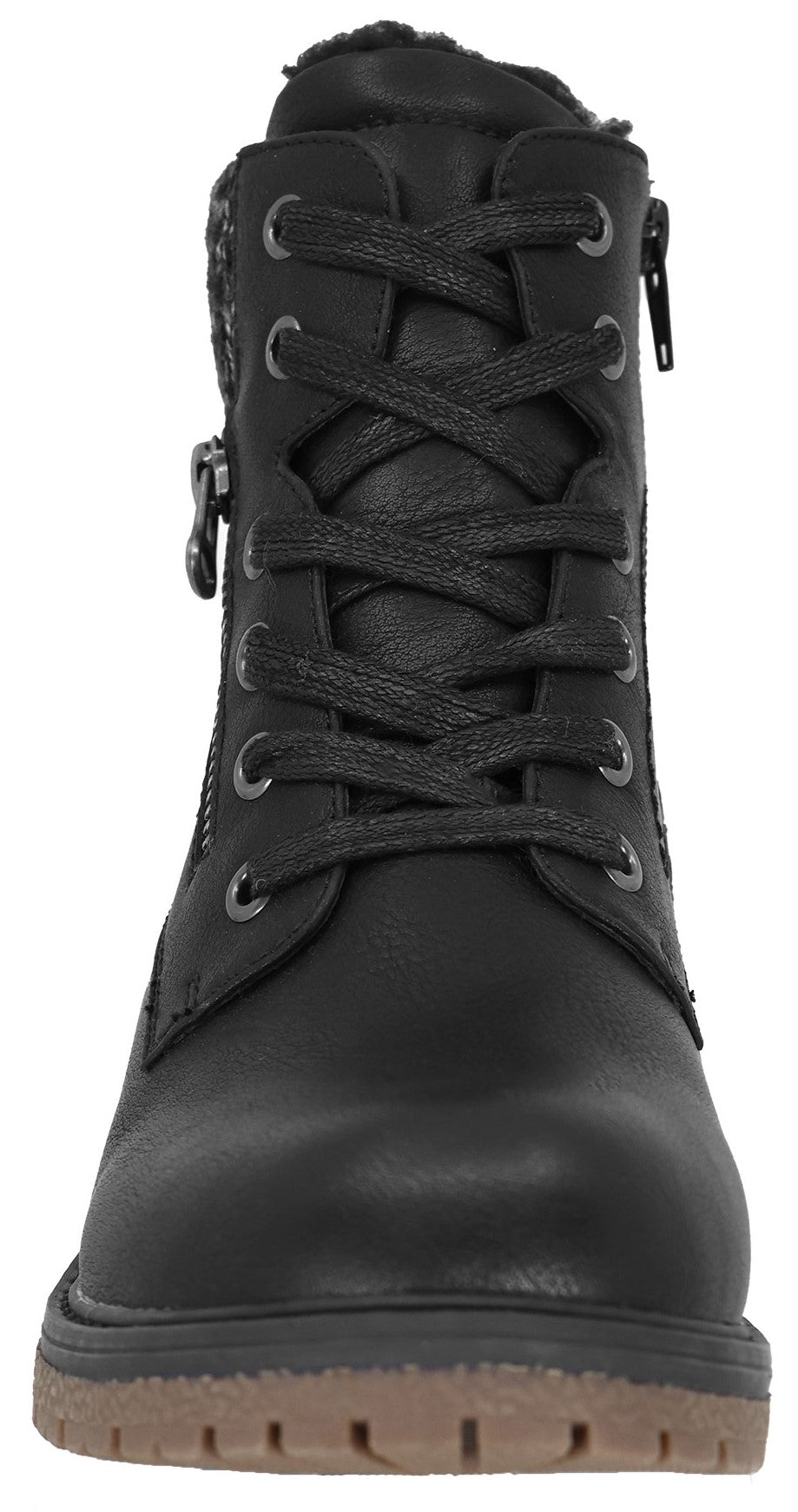 A black lace-up combat boot with a side zipper, a textured knit collar, and a tan lug sole, viewed from the front.