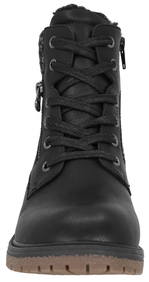 A black lace-up combat boot with a side zipper, a textured knit collar, and a tan lug sole, viewed from the front.