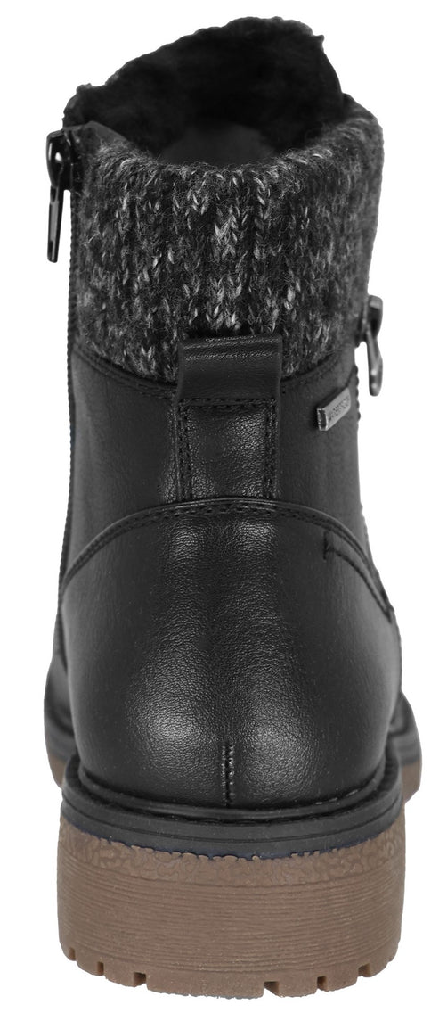 A back view of a black ankle boot featuring a chunky, brown, lugged rubber sole, a smooth black leather upper, and a textured, grey-and-black knit cuff at the top, with a side zipper visible.