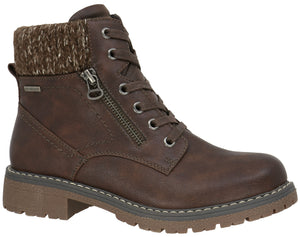 A brown faux-leather ankle boot with a sweater-knit collar, a lace-up front, a side zipper, and a thick, ridged rubber sole.