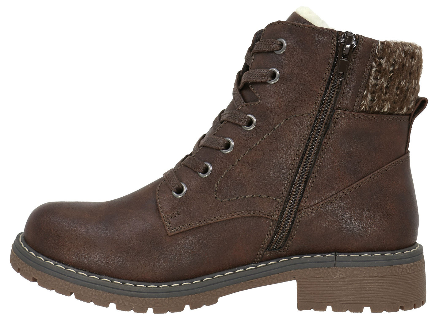 A brown faux-leather women's ankle boot with laces, a side zipper, and a knitted cuff detail, featuring a lugged rubber sole.