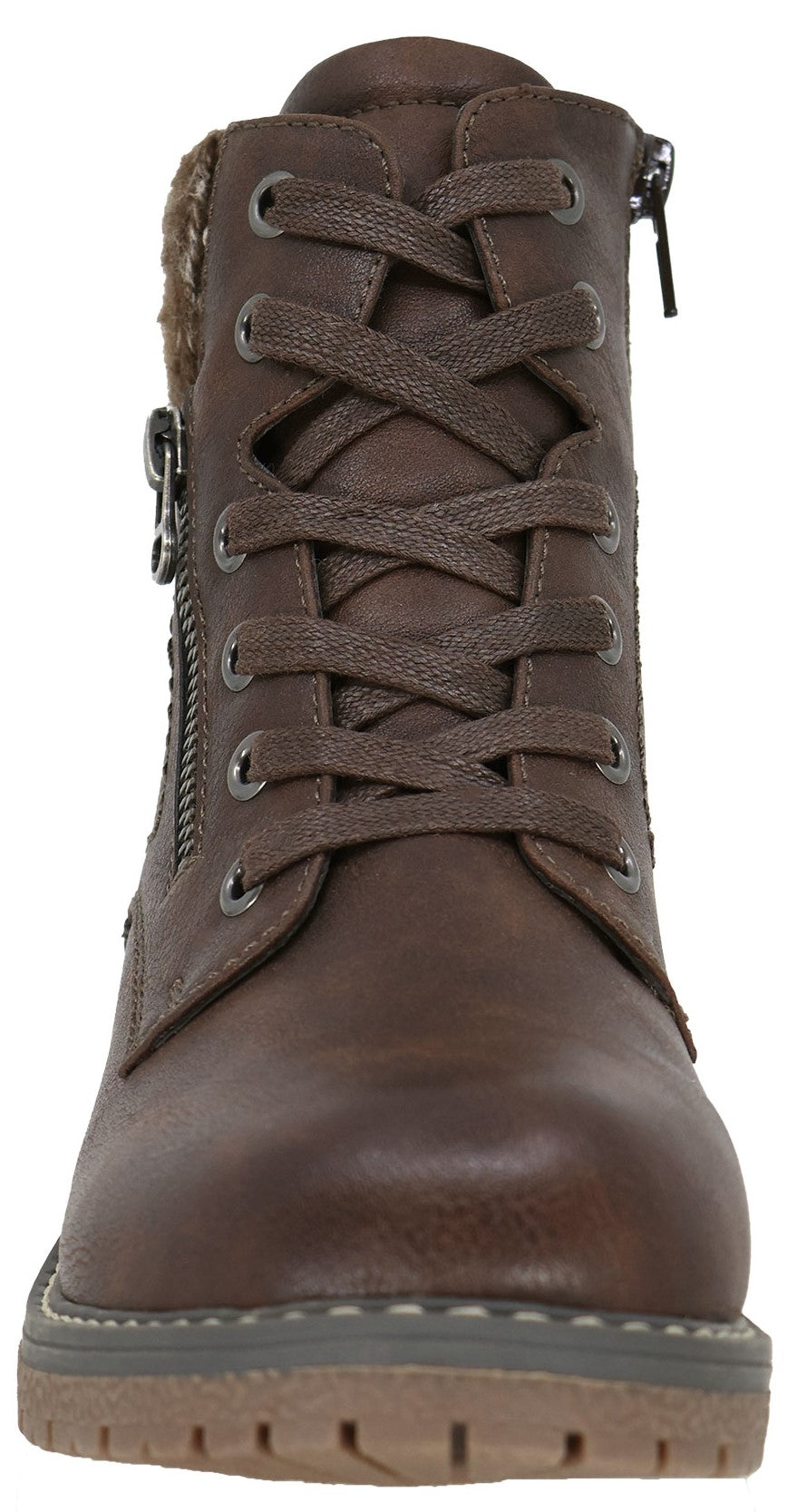 A brown faux leather lace-up ankle boot with a side zipper, a textured cuff, and a thick lug sole.