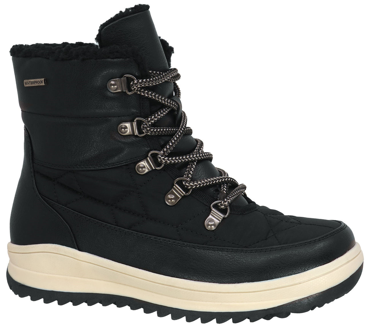 Black winter boot with decorative laces, faux fur lining, and a white sole.