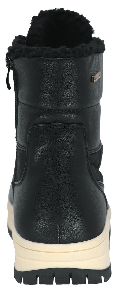 Back view of a black winter boot with a lug sole.