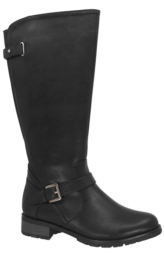 Black knee-high riding boot with buckled straps.