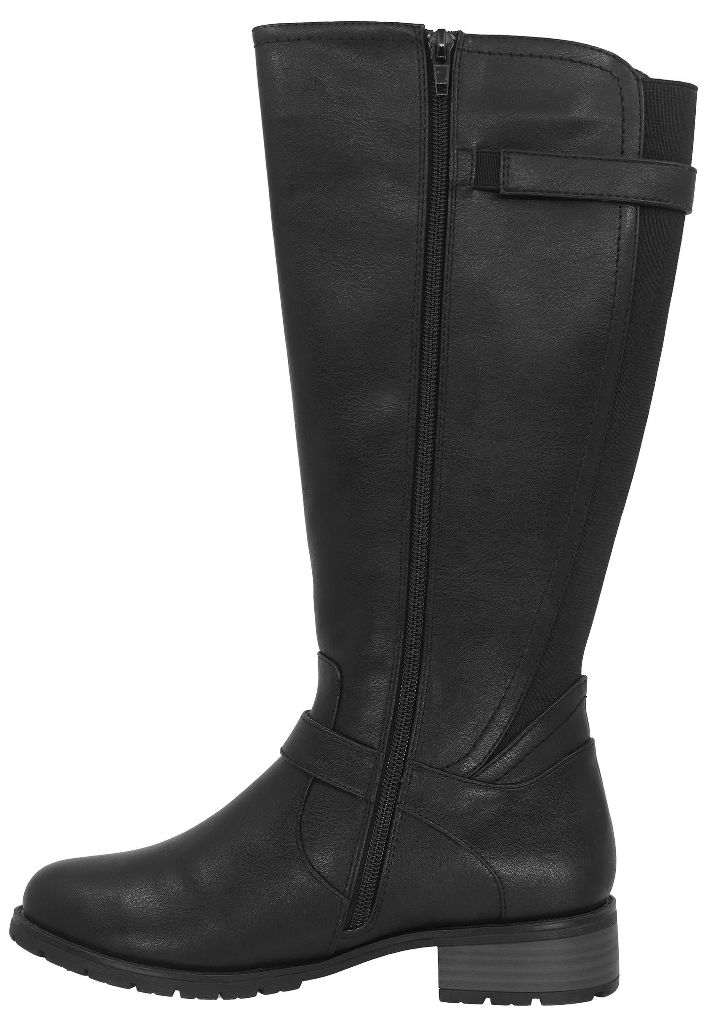 Knee-high black boot with side zipper and decorative strap.