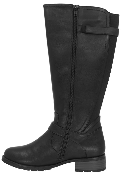 Knee-high black boot with side zipper and decorative strap.