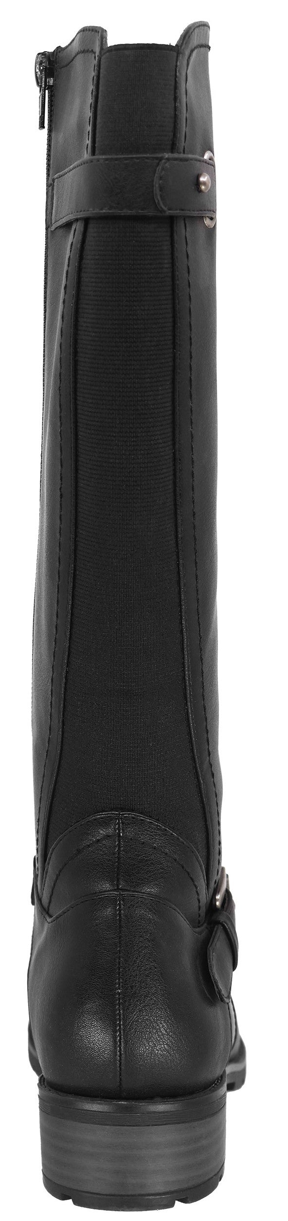 A black riding boot with a buckled strap.