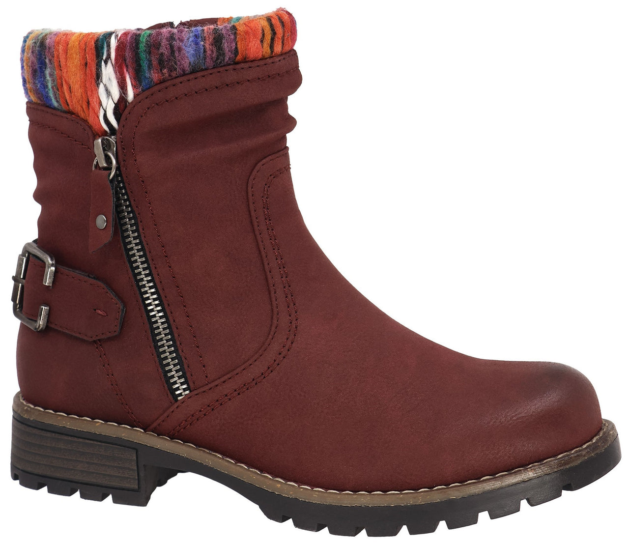 Red ankle boot with side zipper, buckle detail, and colorful patterned cuff.