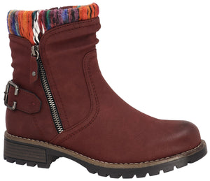 Red ankle boot with side zipper, buckle detail, and colorful patterned cuff.