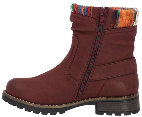 Maroon ankle boot with colorful knit trim, side zipper, and lug sole.