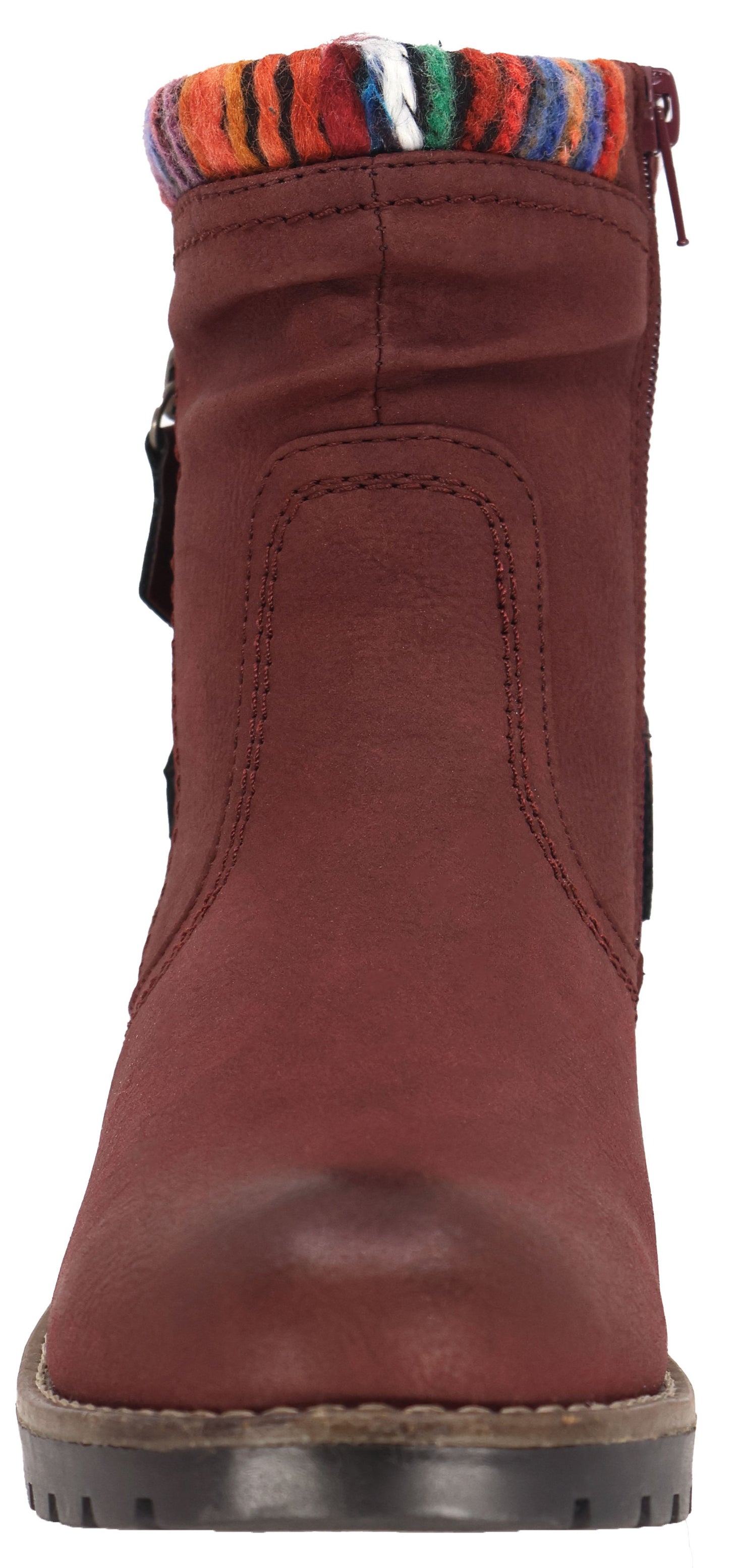 Burgundy boot with colorful striped sock cuff and side zip closure.