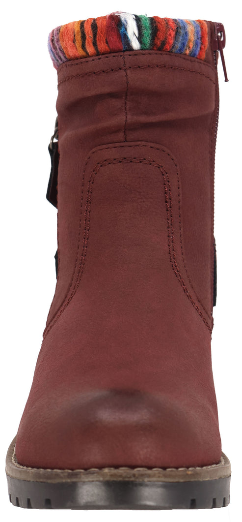 Burgundy boot with colorful striped sock cuff and side zip closure.