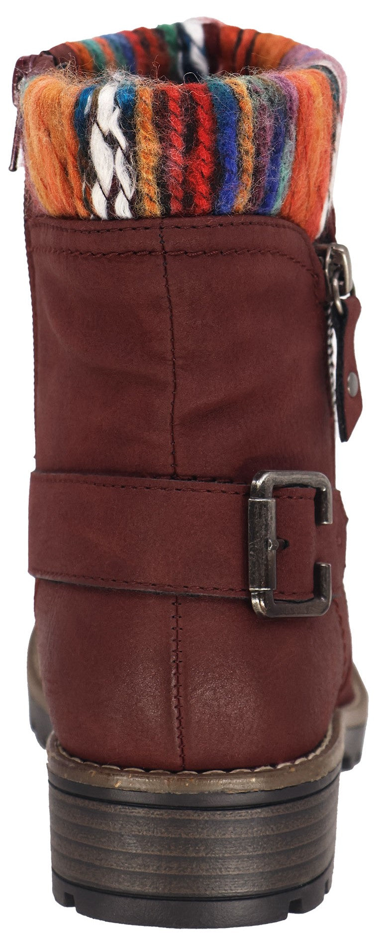 A reddish-brown ankle boot with a decorative buckle, side zipper, and a multicolored, knit cuff.