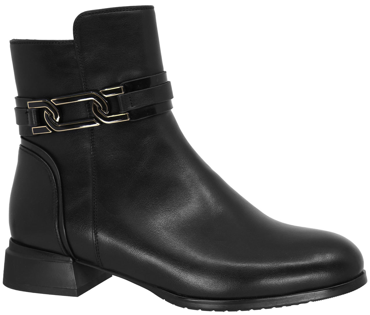 A black leather ankle boot with a rounded toe, a block heel, and a decorative metallic chain link strap across the ankle.