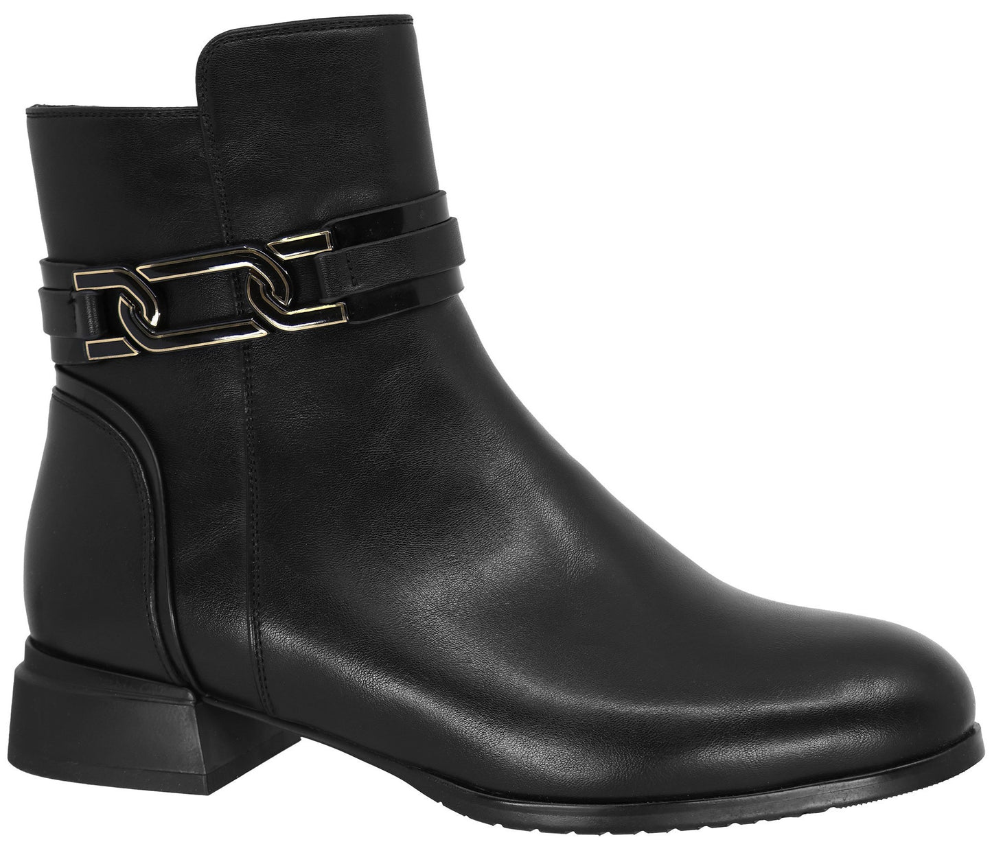 A black leather ankle boot with a rounded toe, a block heel, and a decorative metallic chain link strap across the ankle.