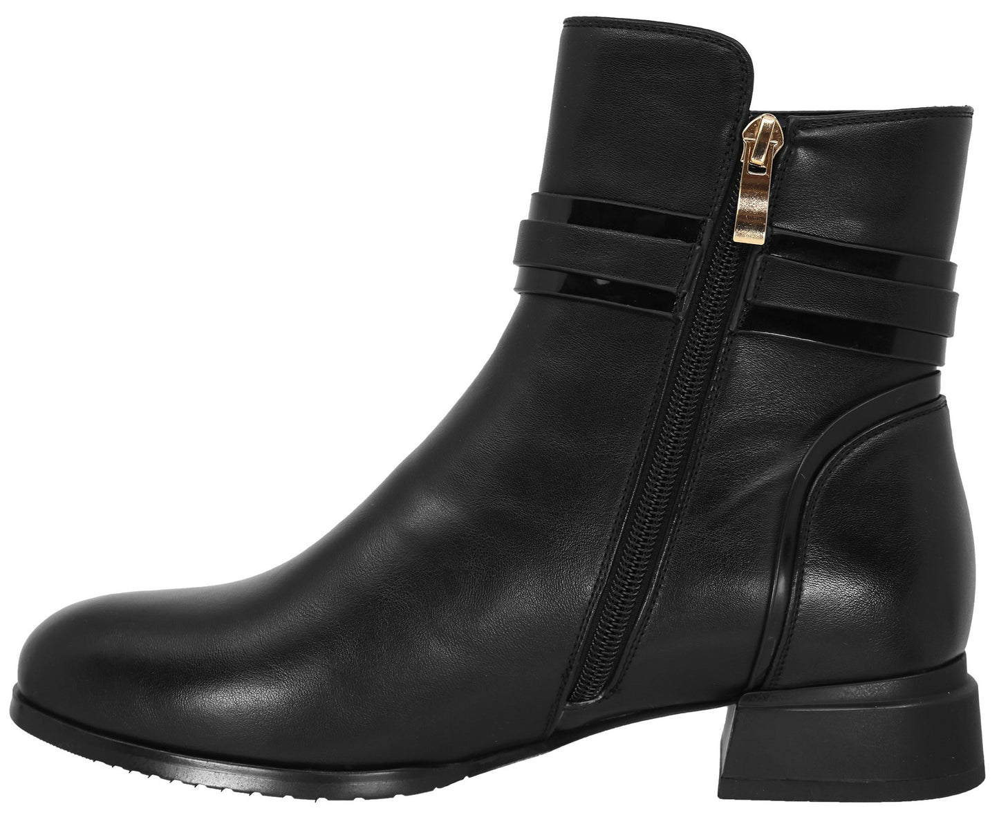 A black ankle boot with a rounded toe, a low block heel, a side zipper with a gold-tone pull, and two decorative, shiny black strap accents across the ankle.