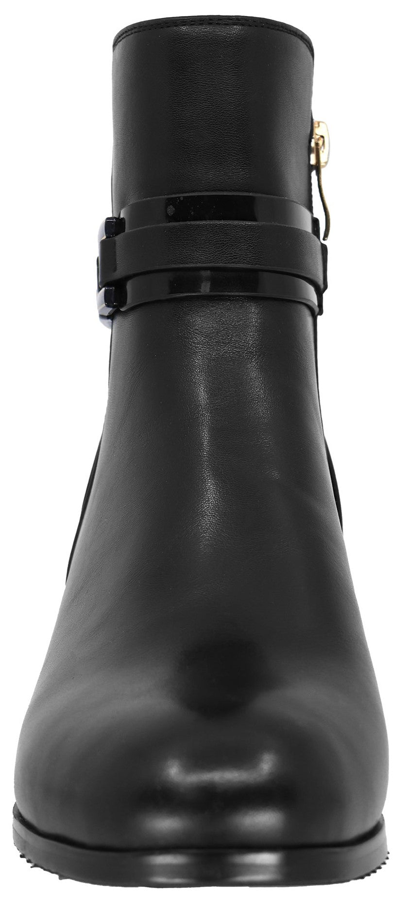 A black leather ankle boot with a rounded toe, featuring a dual-strap decorative detail across the ankle with a small gold-tone metal accent.