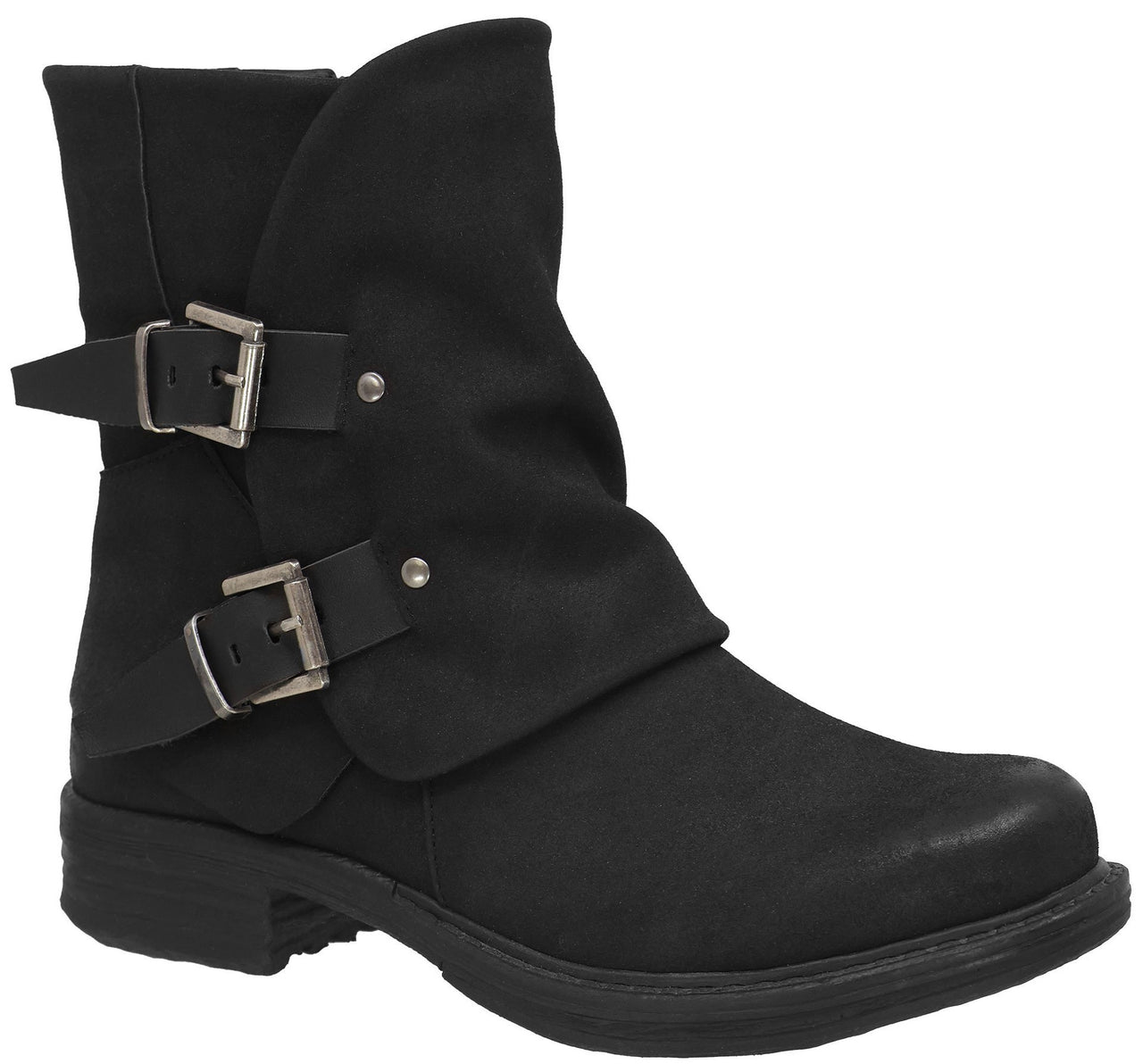 Black ankle boot with decorative buckles.