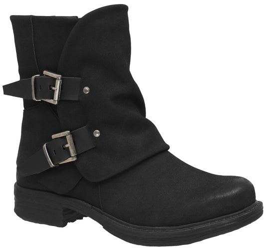 Black ankle boot with decorative buckles.