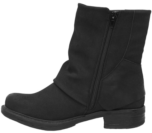Black ankle boot with side zipper and slight heel.