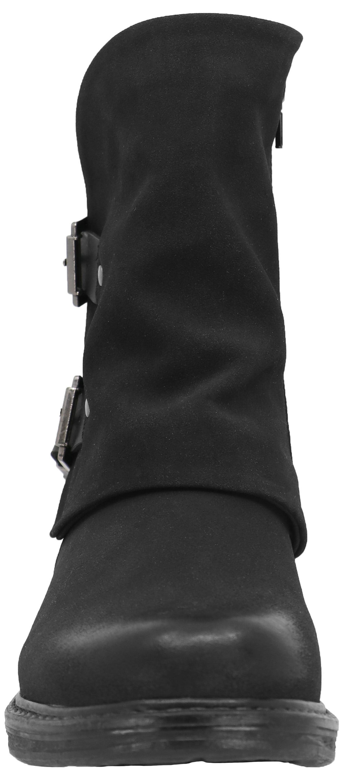 A black ankle boot with two silver buckles.