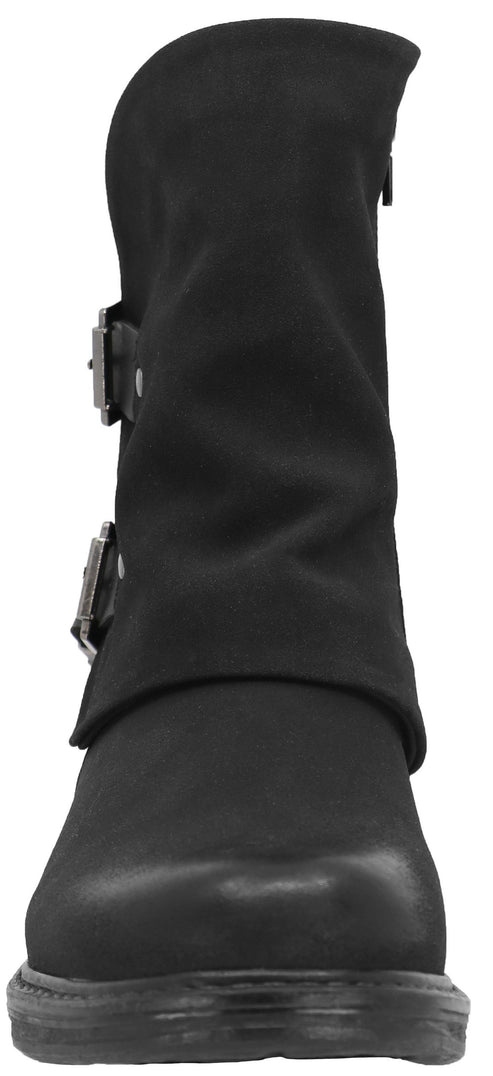 A black ankle boot with two silver buckles.