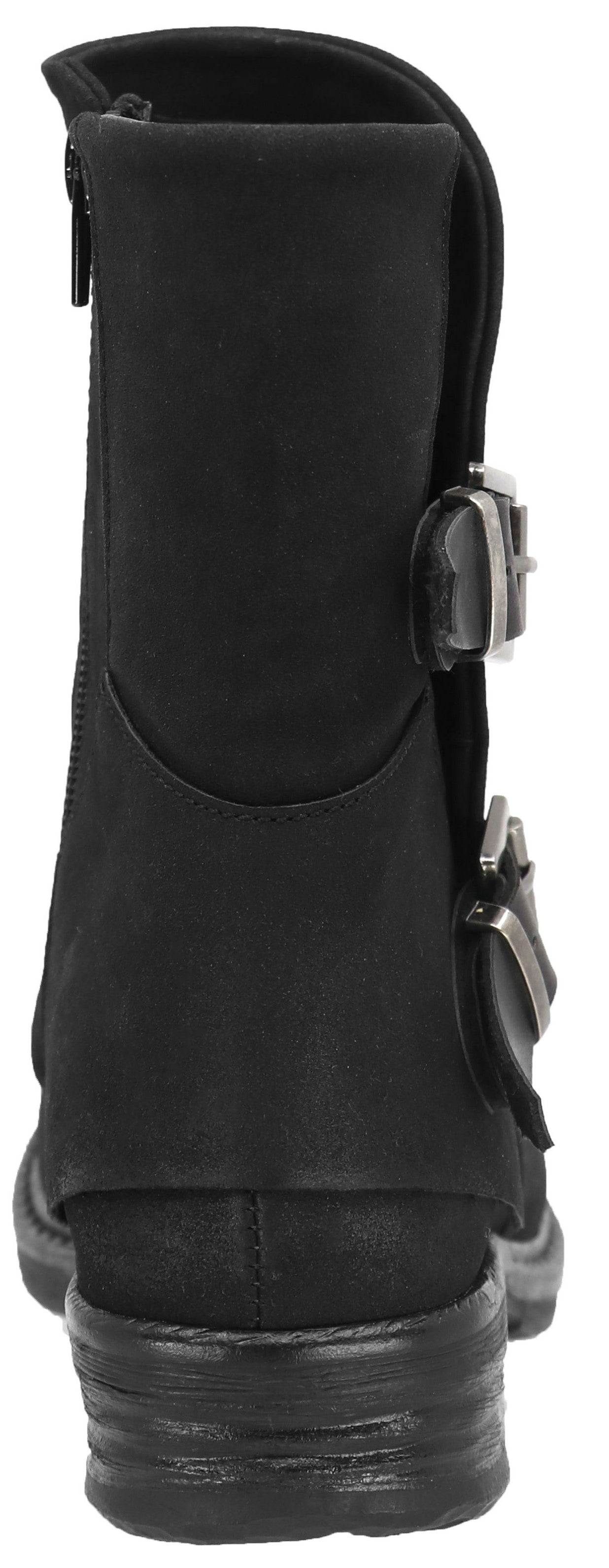 Black boot with two metal buckle straps.