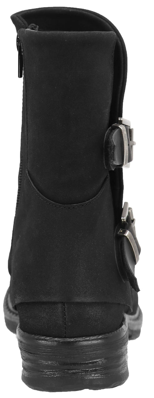 Black boot with two metal buckle straps.