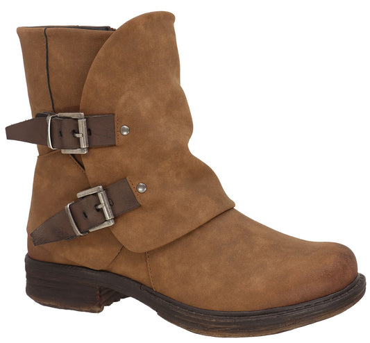Tan ankle boot with two adjustable straps and buckle closures.