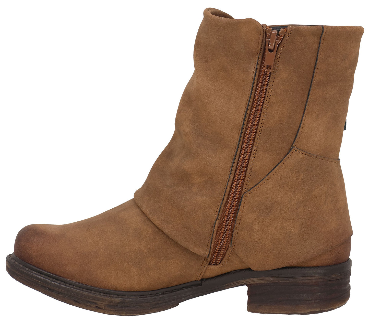 Brown ankle boot with side zipper.
