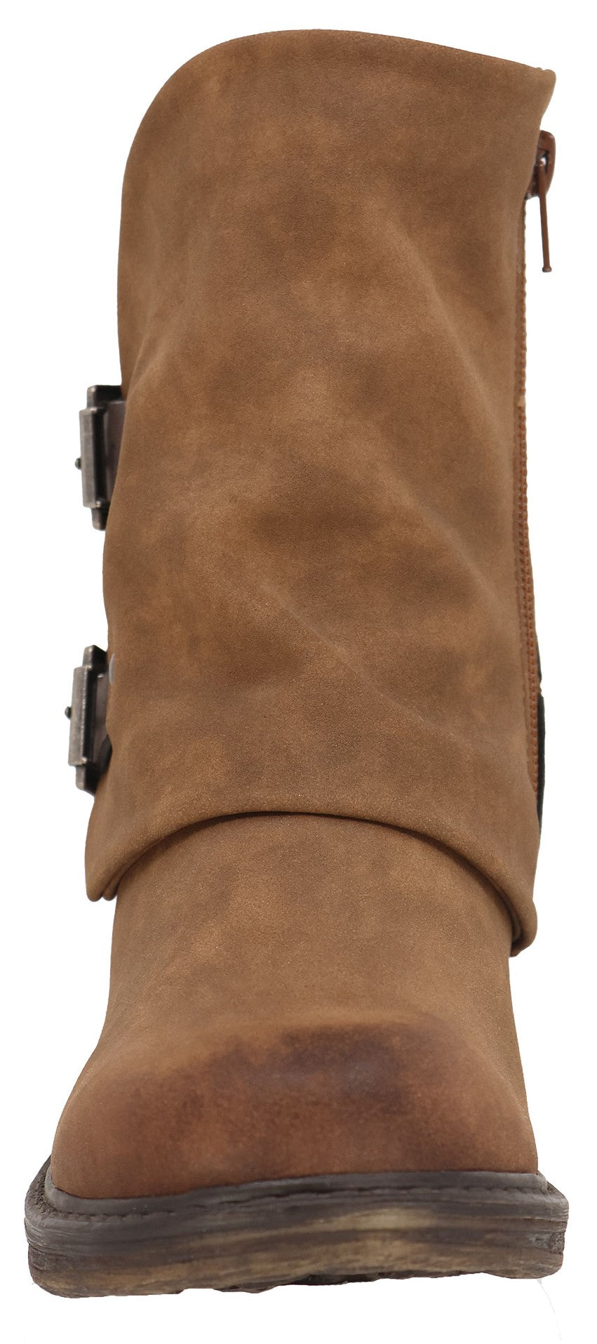 Brown suede ankle boot with side zipper and two buckles.