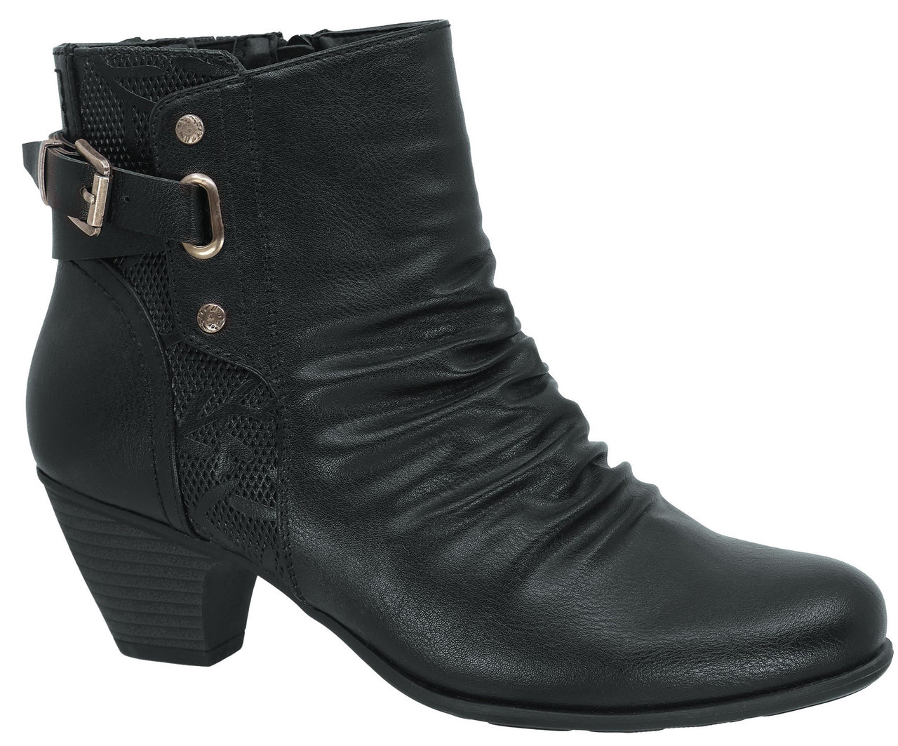 Black ankle boot with a 2-inch heel, side buckle, and ruched shaft.