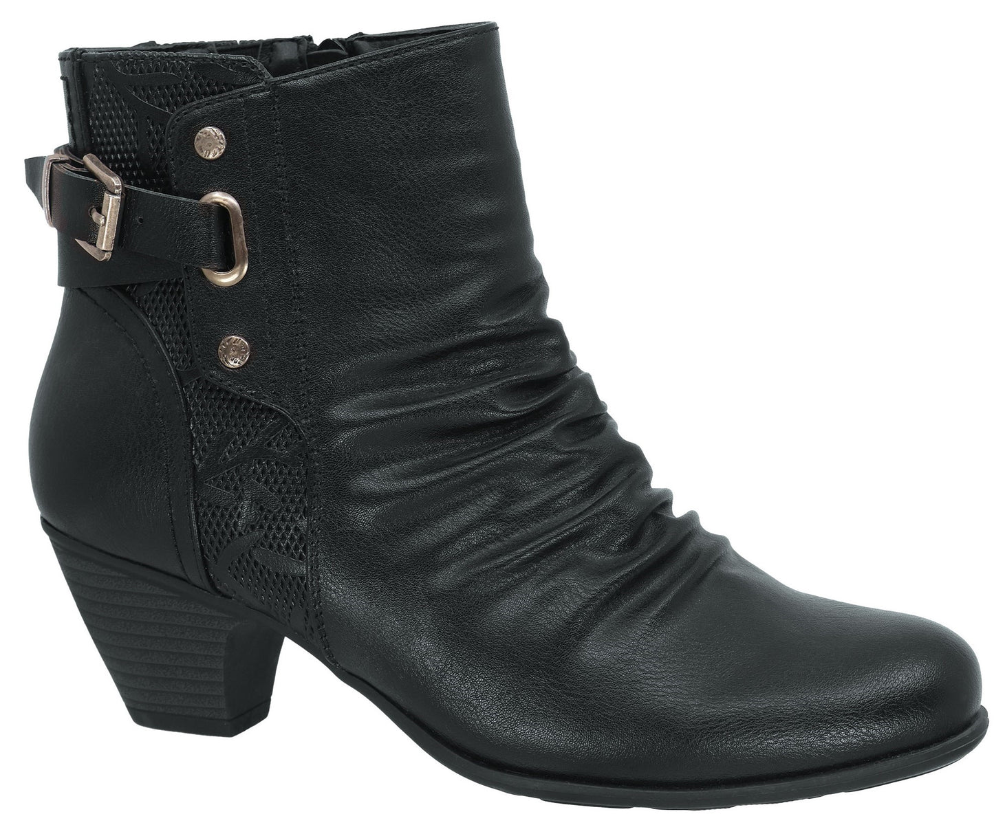 Black ankle boot with a 2-inch heel, side buckle, and ruched shaft.