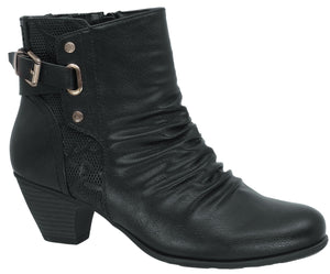 Black ankle boot with a 2-inch heel, side buckle, and ruched shaft.
