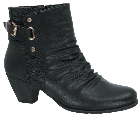 Black ankle boot with a 2-inch heel, side buckle, and ruched shaft.